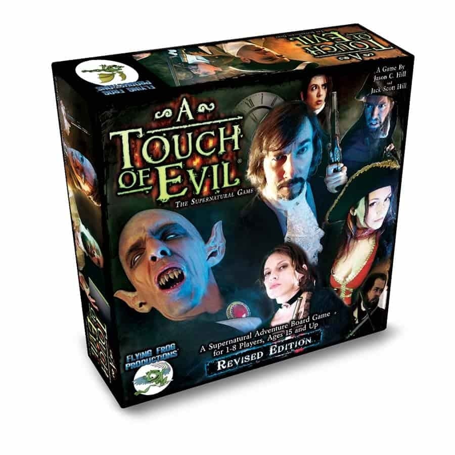 A Touch of Evil supernatural board game box, features a fanged creature and armed human characters