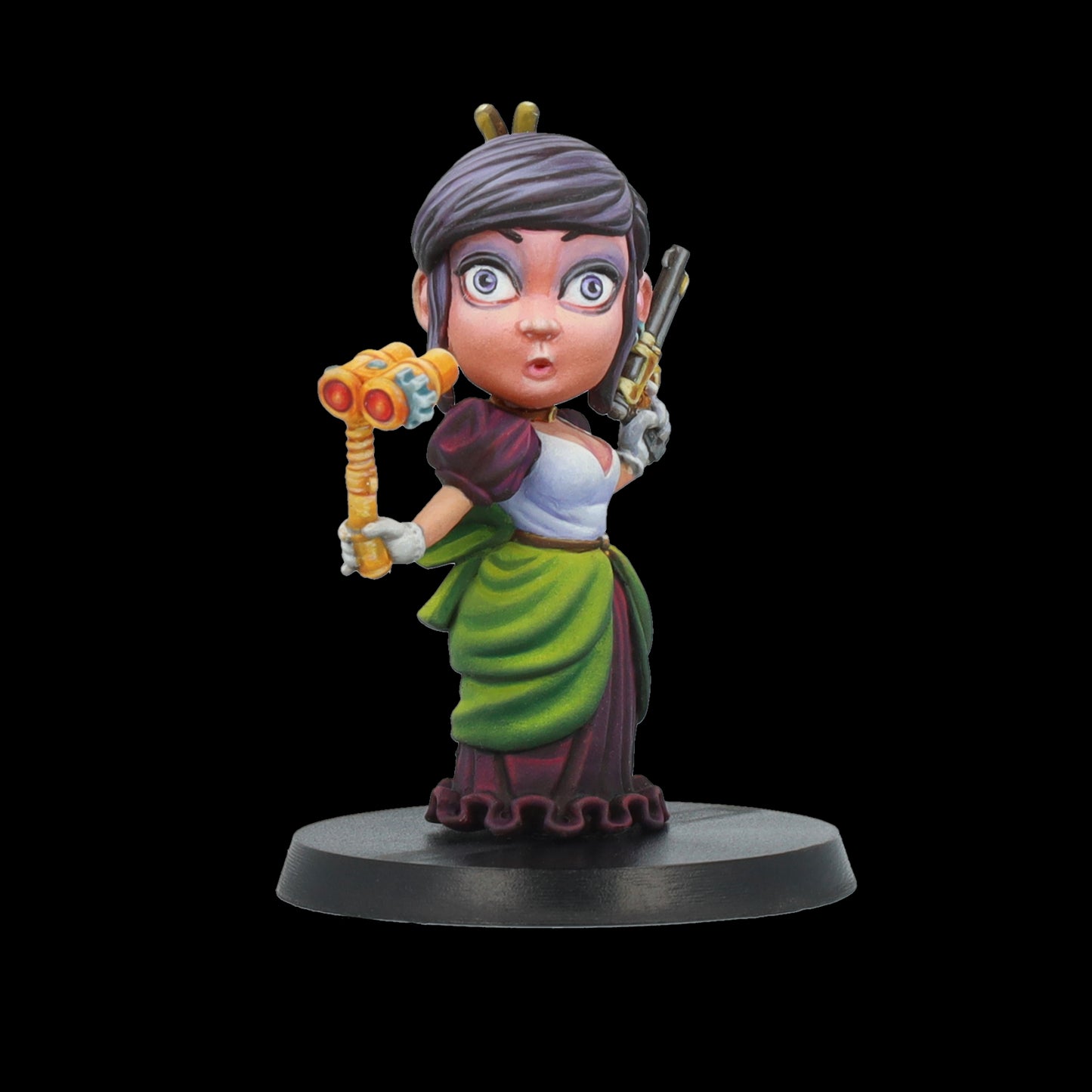 Chibi style miniature of a surprised woman with wide eyes, holding golden binoculars in one hand and a pistol in the other.