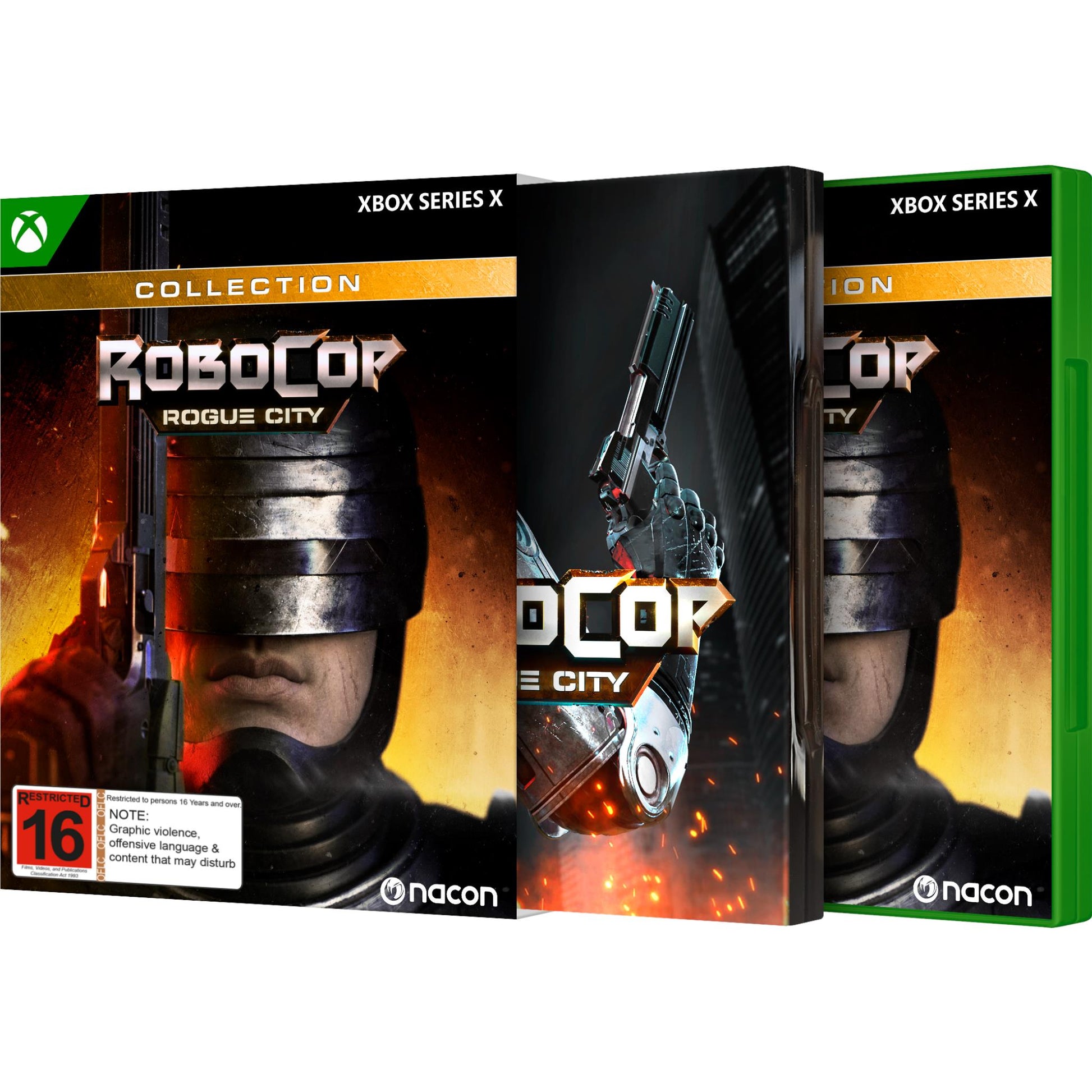 Three Xbox Series X cases for the RoboCop: Rogue City Collection, The cover features RoboCop aiming his pistol