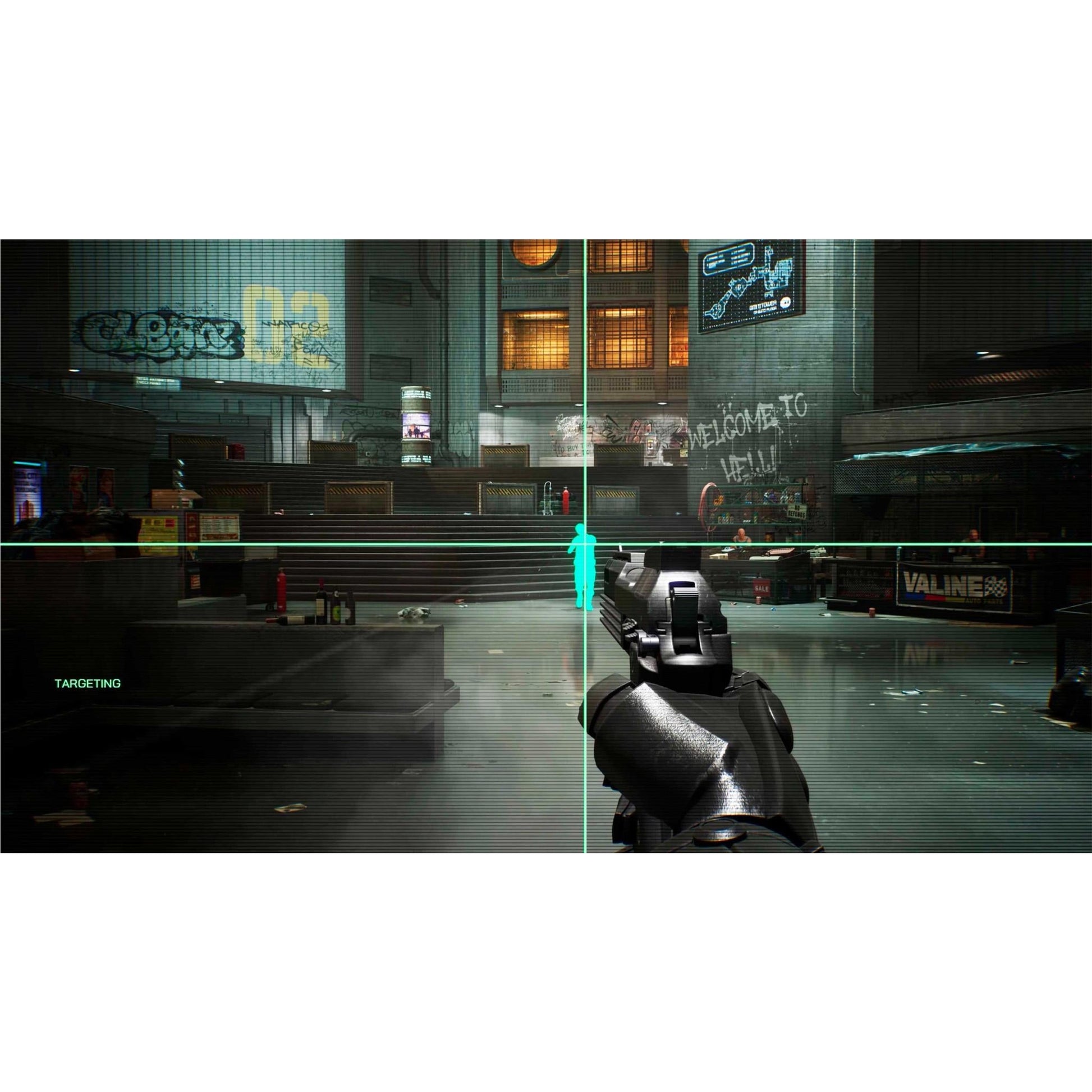 FPS view aiming a pistol with a crosshair at a cyan target in a dark, futuristic urban environment