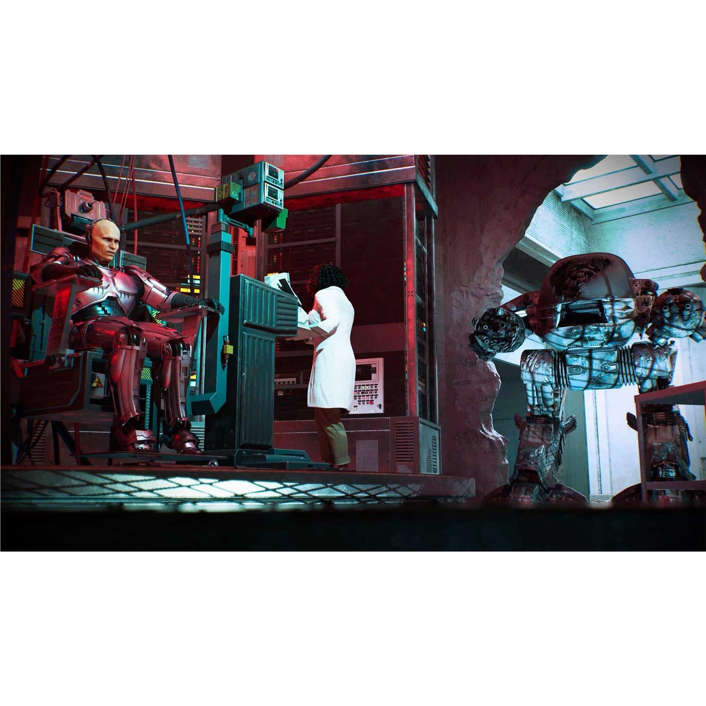 Cyborg in metallic armor seated in a diagnostic chair, monitored by a scientist in a lab coat, near a large robot