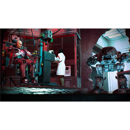 Cyborg in metallic armor seated in a diagnostic chair, monitored by a scientist in a lab coat, near a large robot