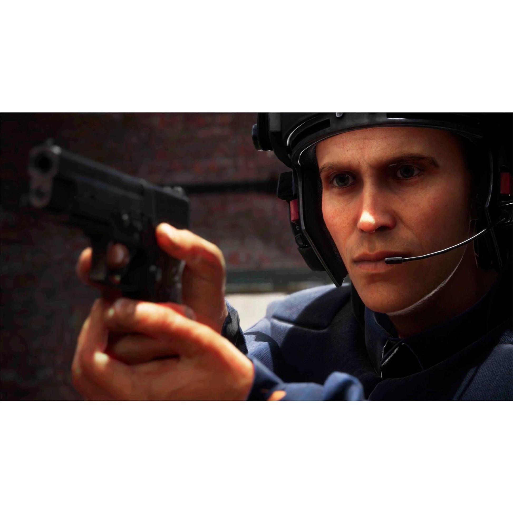 Focused tactical officer aiming a handgun, wearing a helmet and communication headset