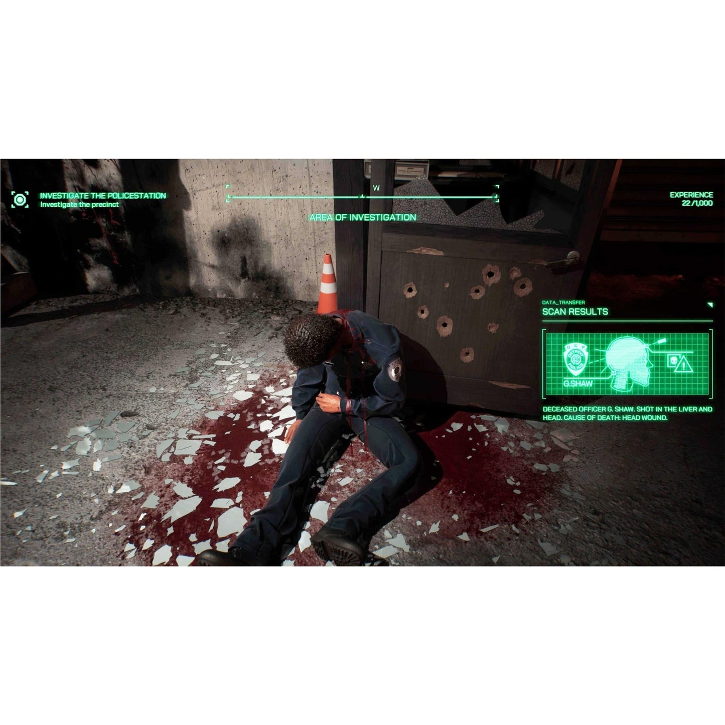 Video game screenshot showing a deceased police officer lying in blood with HUD scan data detailing a fatal head wound