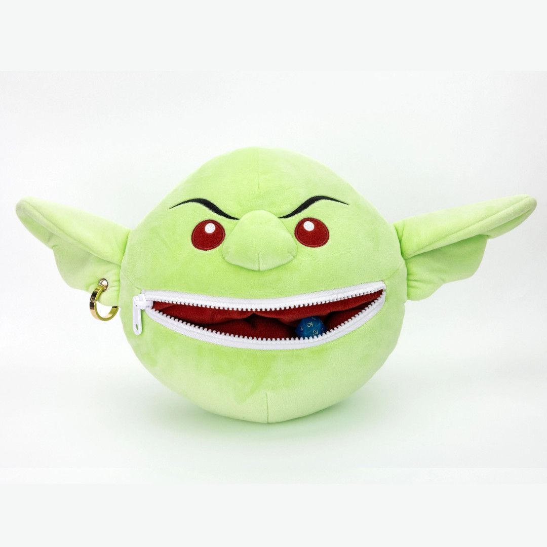 Pathfinder Goblin Plush Dice Bag with open zip and holding dice