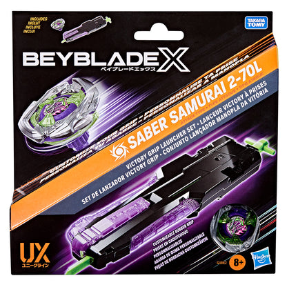 Beyblade X Saber Samurai 2-70L Victory Grip Launcher Set in black, orange, and purple packaging