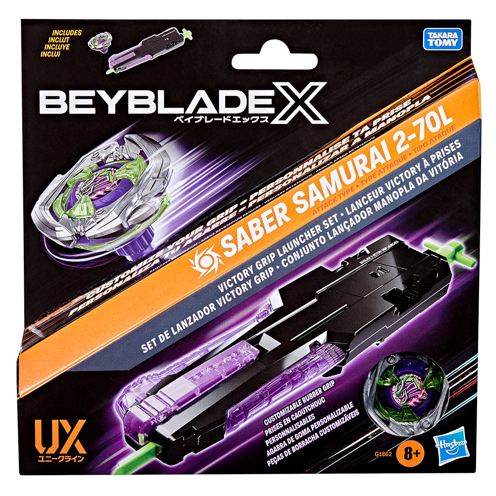 Beyblade X Saber Samurai 2-70L Victory Grip Launcher Set in black, orange, and purple packaging