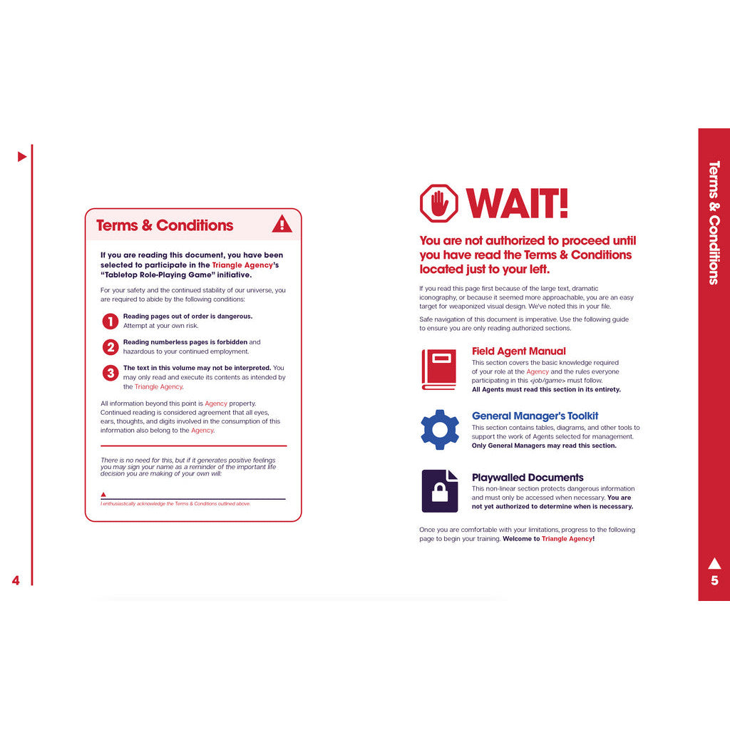 Triangle Agency document page with Terms & Conditions and a large "WAIT!" warning instructing the reader to review the left panel first