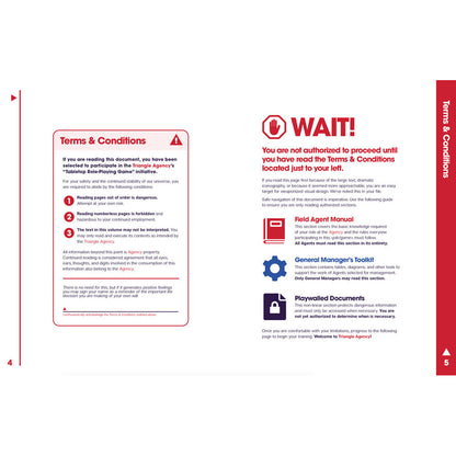 Triangle Agency document page with Terms & Conditions and a large "WAIT!" warning instructing the reader to review the left panel first