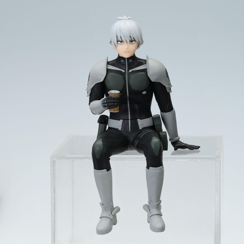Action figure of a young man with white hair wearing a black and gray tactical suit holding a coffee cup sitting on a clear block