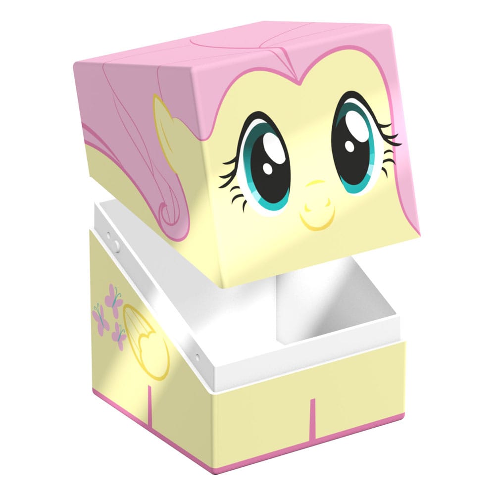 A My Little Pony Ultimate Guard Squaroe box, featuring Fluttershy&#39;s face on the lid and cutie mark on the base, partially open revealing a white interior