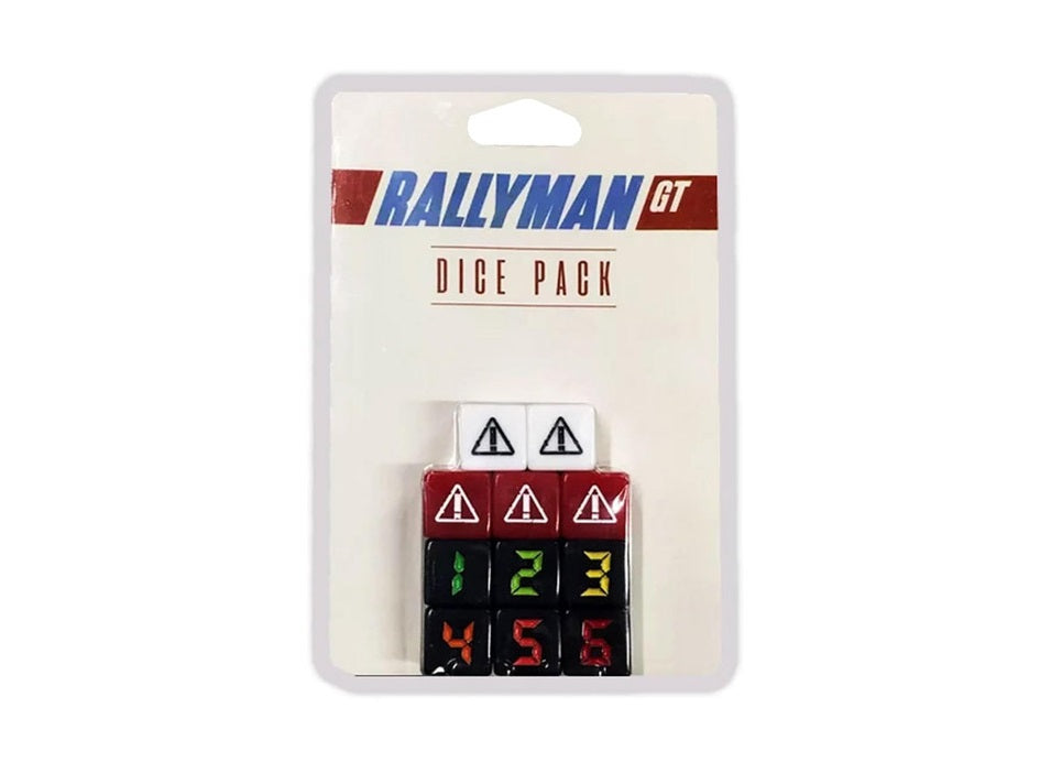 A Rallyman GT Dice Pack in clear packaging with nine dice: white, red warning, and black numbered
