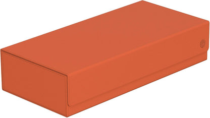 Peach textured rectangular storage box (deck box) with a logo on the magnetic flap