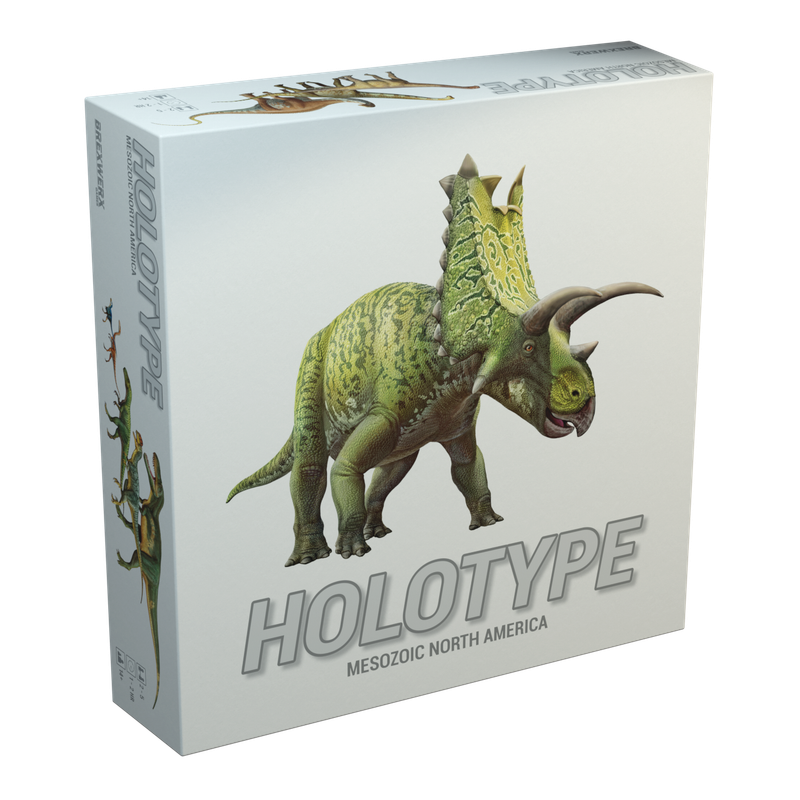 A white game box titled 'Holotype' featuring a large, green, horned Ceratopsian dinosaur on its cover
