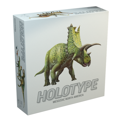 A white game box titled 'Holotype' featuring a large, green, horned Ceratopsian dinosaur on its cover