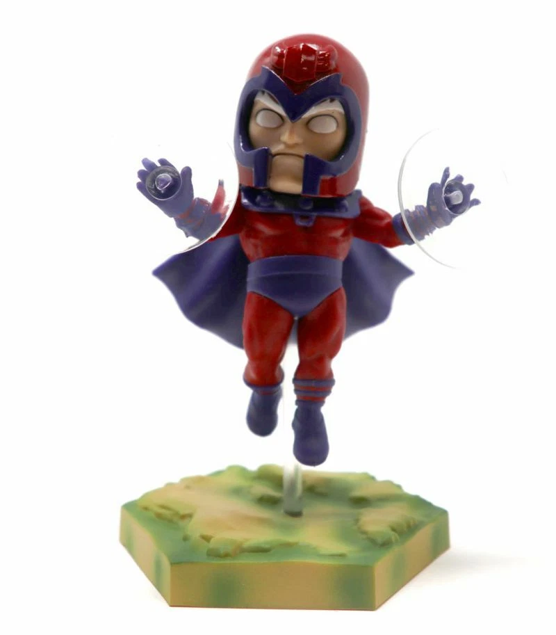 X-Men Magneto action figure in red and purple costume hovering over a green base