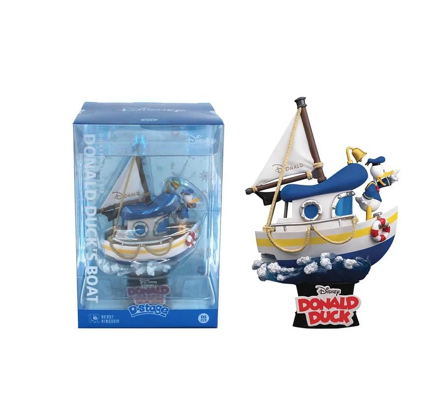 The front of the Beast Kingdom D-Stage Donald Duck’s Boat product box showing an image of the figurine on the front with colorful Disney branding and a blue sky background