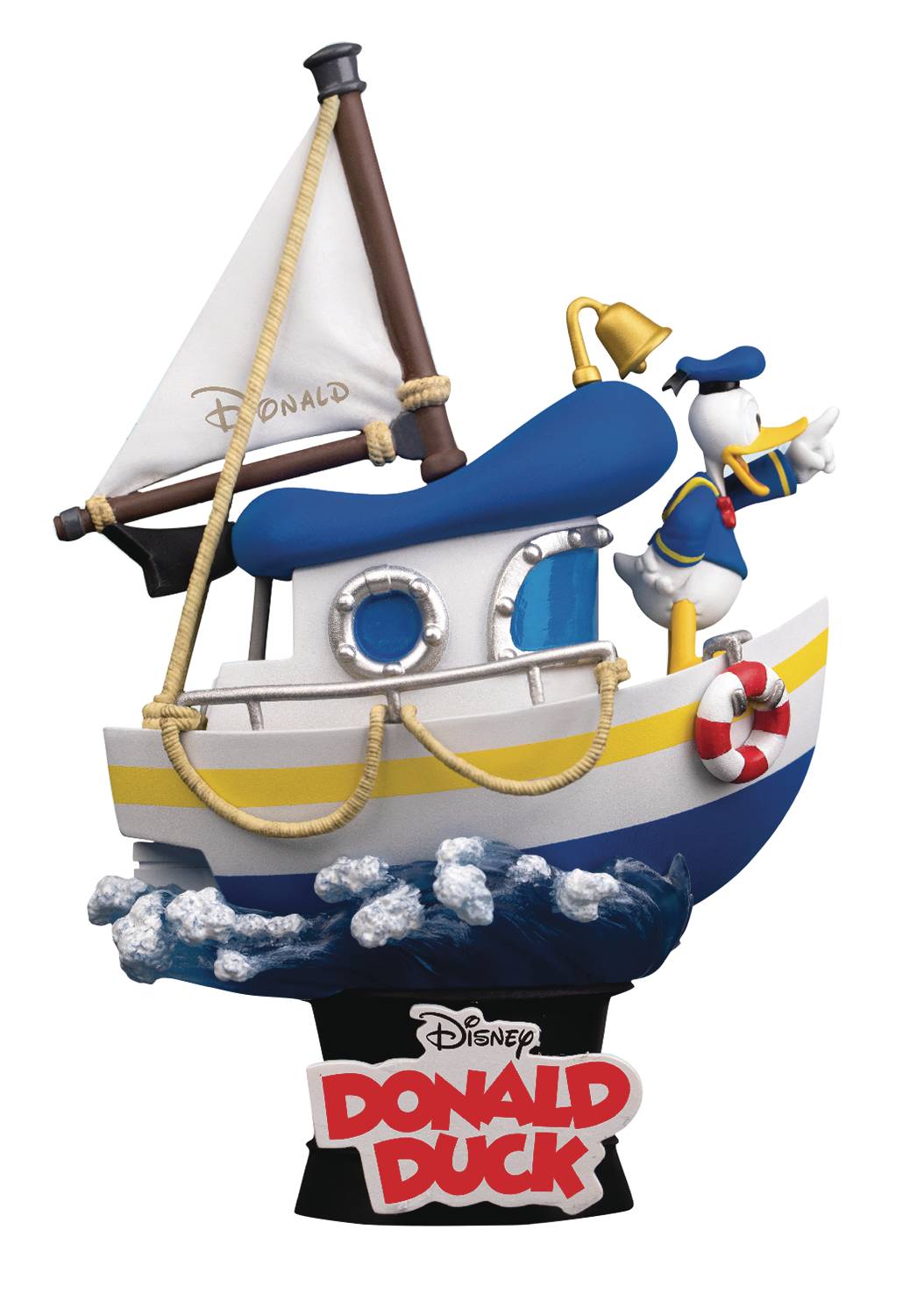 A display stand featuring Donald Duck’s boat with Donald standing on the deck holding a steering wheel, detailed with vibrant colors and a water-themed translucent base