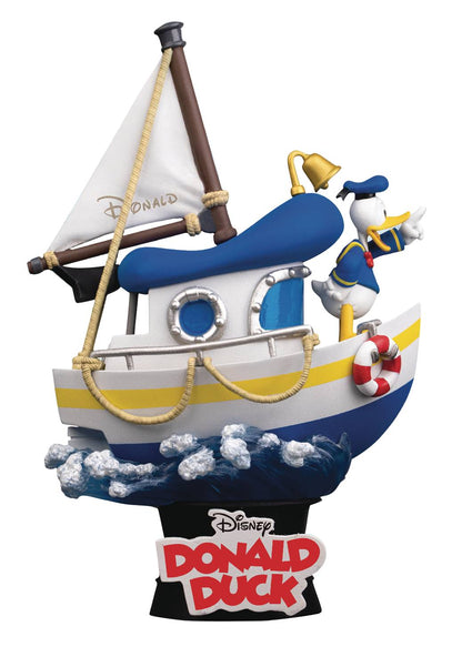A display stand featuring Donald Duck’s boat with Donald standing on the deck holding a steering wheel, detailed with vibrant colors and a water-themed translucent base