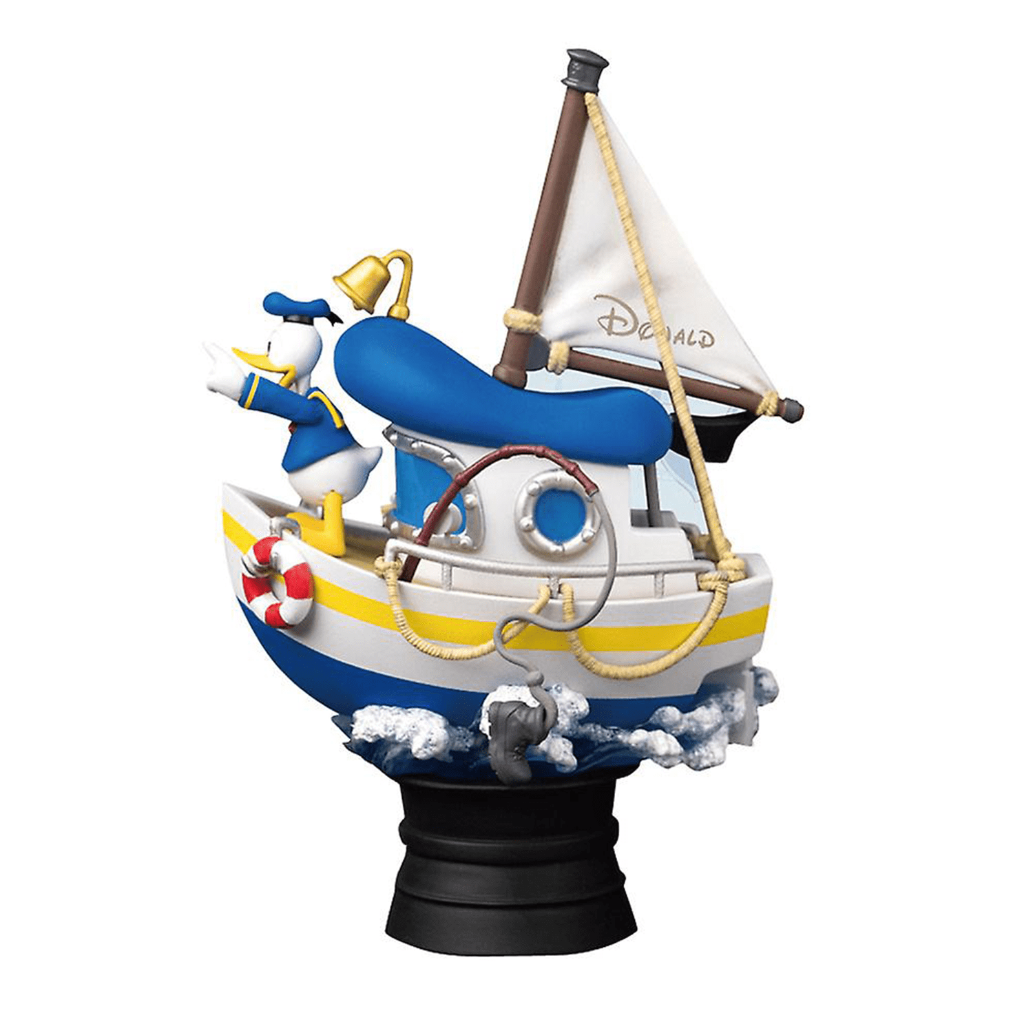 A close-up photo of the Donald Duck’s Boat figurine on its display base, showcasing Donald Duck steering the boat with expressive detailing and bright colors
