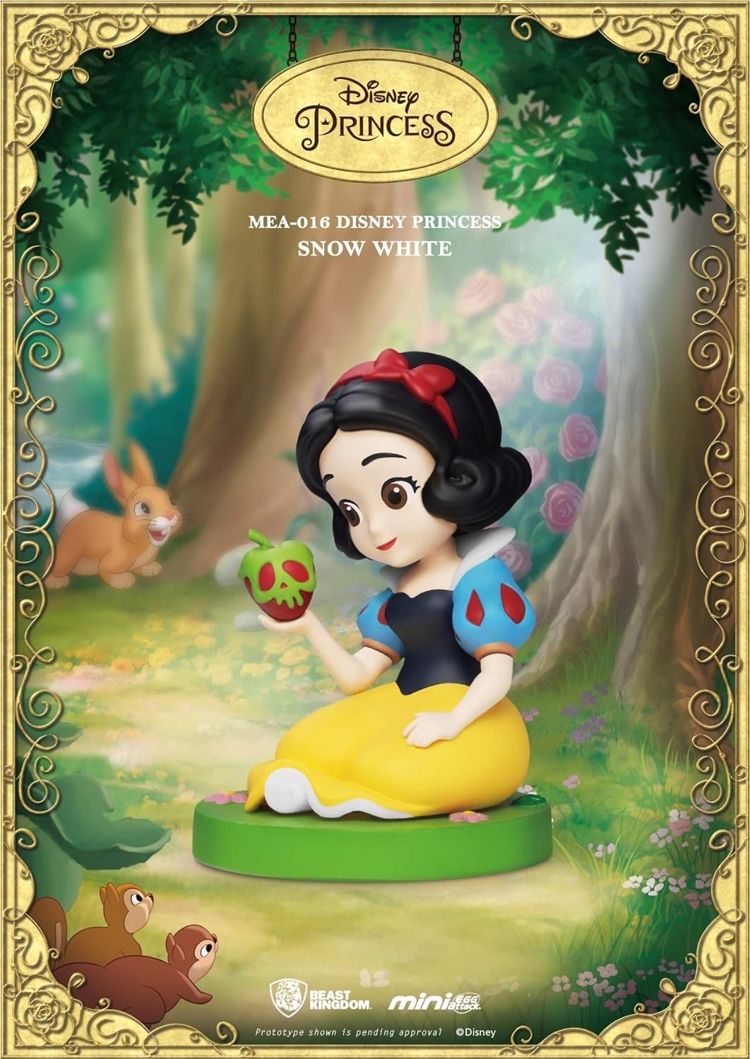 Mini Egg Attack Snow White figurine with evil apple in a lush forest setting with woodland creatures