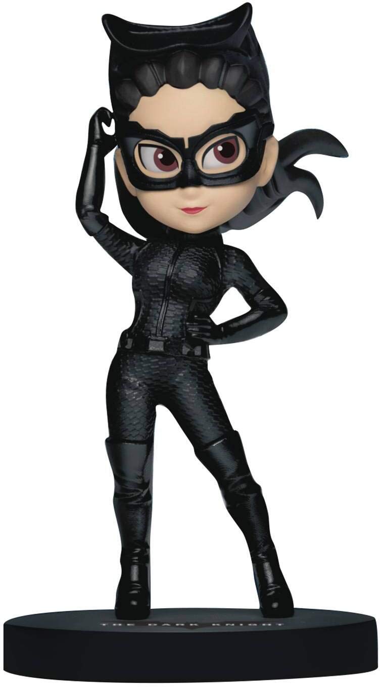 Miniature Catwoman figure in a black textured costume with a mask and cat ears posing on a round black base