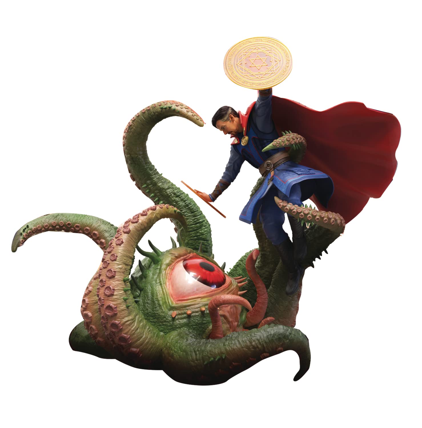 Front view of Doctor Strange casting spell with glowing mandalas, facing Gargantos alien in Beast Kingdom D-Stage Doctor Strange in the Multiverse of Madness Figurine