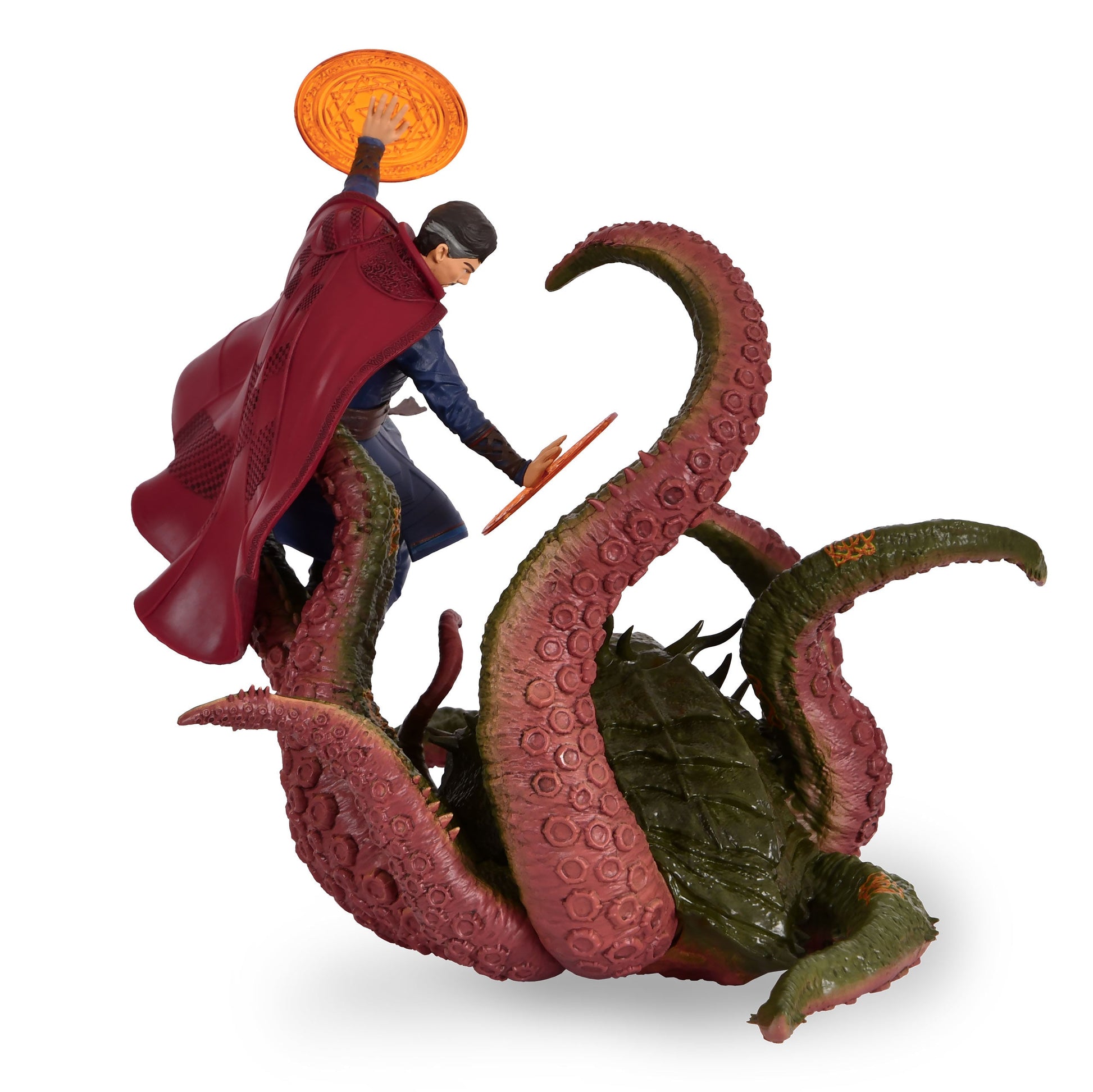 Side view Doctor Strange casting spell with glowing mandalas, facing Gargantos alien in Beast Kingdom D-Stage Doctor Strange in the Multiverse of Madness Figurine