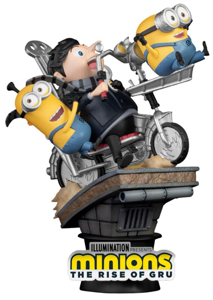 Gru and two Minions riding a silver and red rocket bike on a detailed city street base