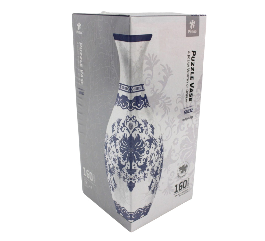 Pintoo Puzzle Vase Indigo Age box displays a white vase with intricate blue floral patterns, a flared top, and '160 PIECES' prominently