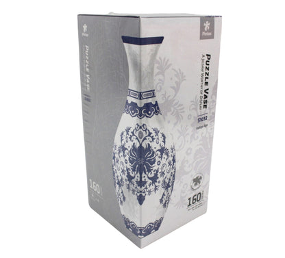 Pintoo Puzzle Vase Indigo Age box displays a white vase with intricate blue floral patterns, a flared top, and '160 PIECES' prominently