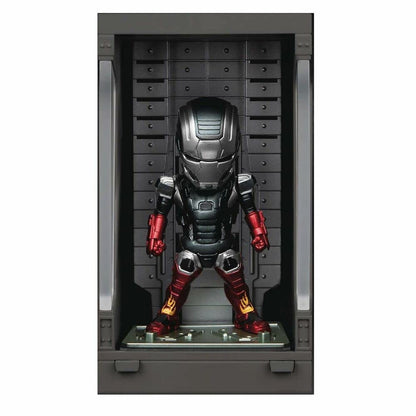 Metallic grey and red armored chibi figurine standing in a display case