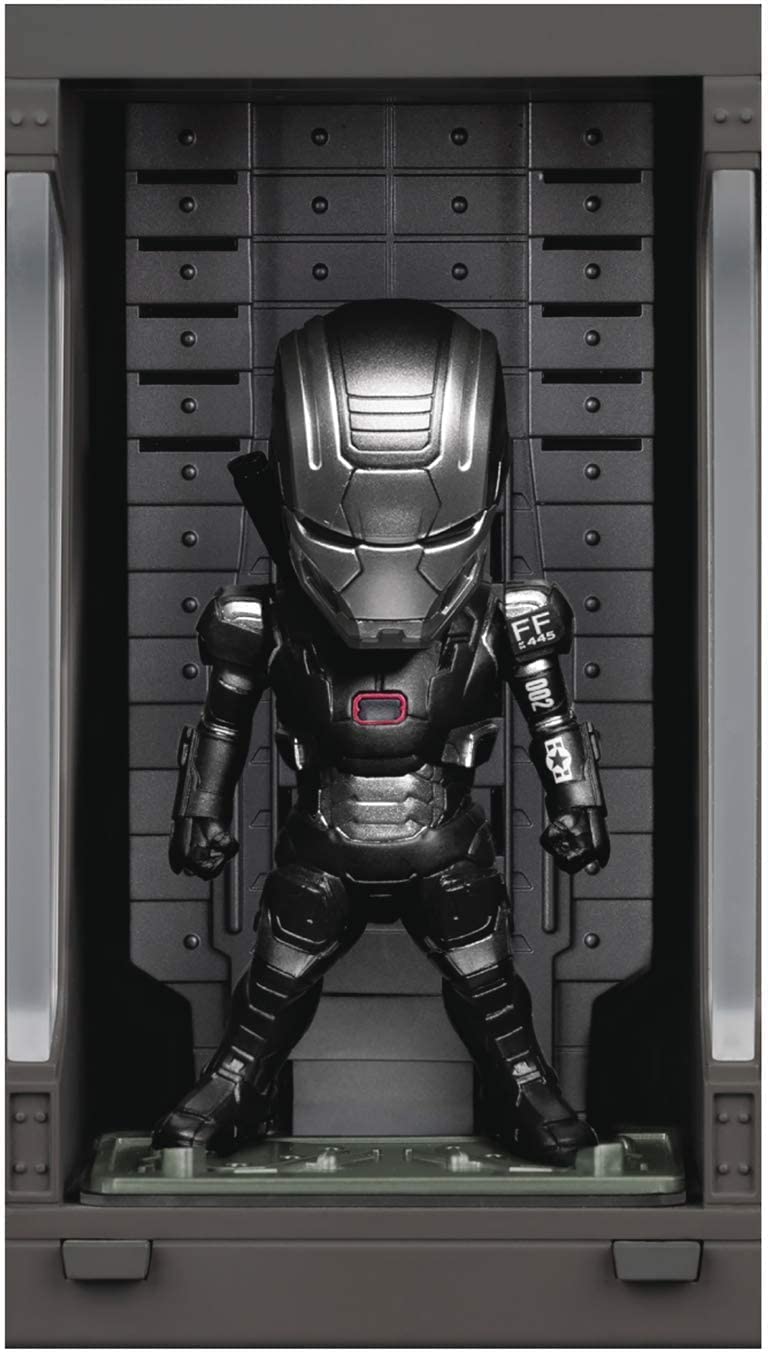 Dark grey Nendoroid Marvel War Machine figure in silver armor standing inside a dark grey open armor bay