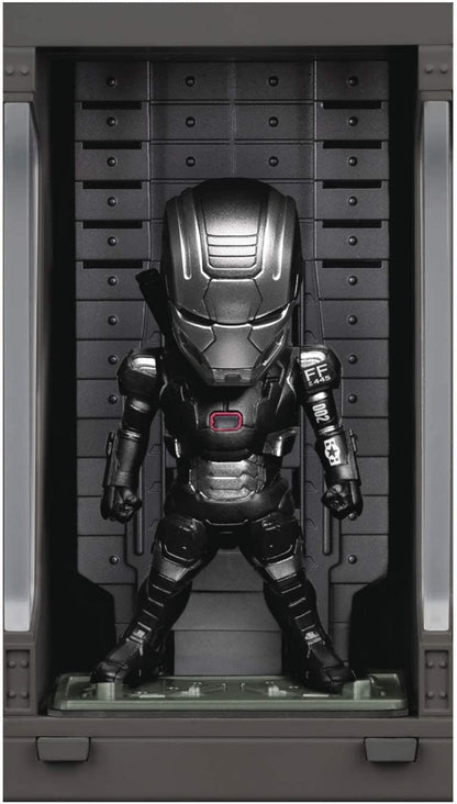 Dark grey Nendoroid Marvel War Machine figure in silver armor standing inside a dark grey open armor bay