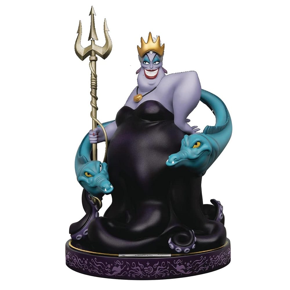Disney Villains Ursula with Flotsam and Jetsam statue purple dress gold crown holding the Golden Trident