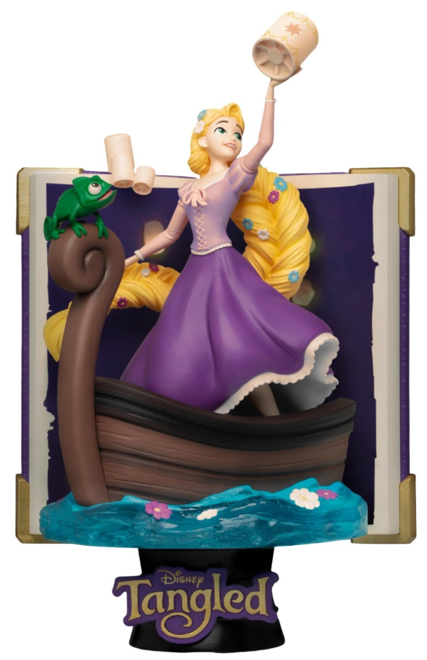 Disney Tangled Rapunzel D-Stage 078 figure by Beast Kingdom featuring Rapunzel in a purple dress on a boat Pascal the chameleon and floating lanterns