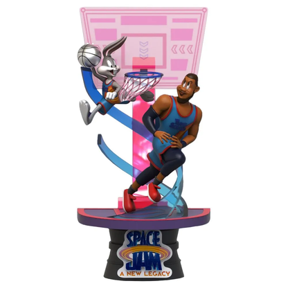 Beast Kingdom D-Stage Space Jam: A New Legacy figurine featuring Bugs Bunny and LeBron James posed on a basketball court base, with Bugs holding a basketball and LeBron in a dynamic dribbling stance