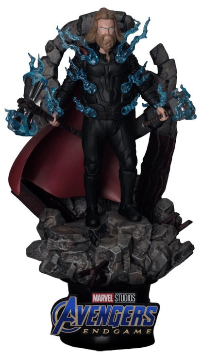 Marvel Studios Avengers Endgame D-Stage 082 Thor statue in black armor with blue lightning effects holding Stormbreaker on a rocky base