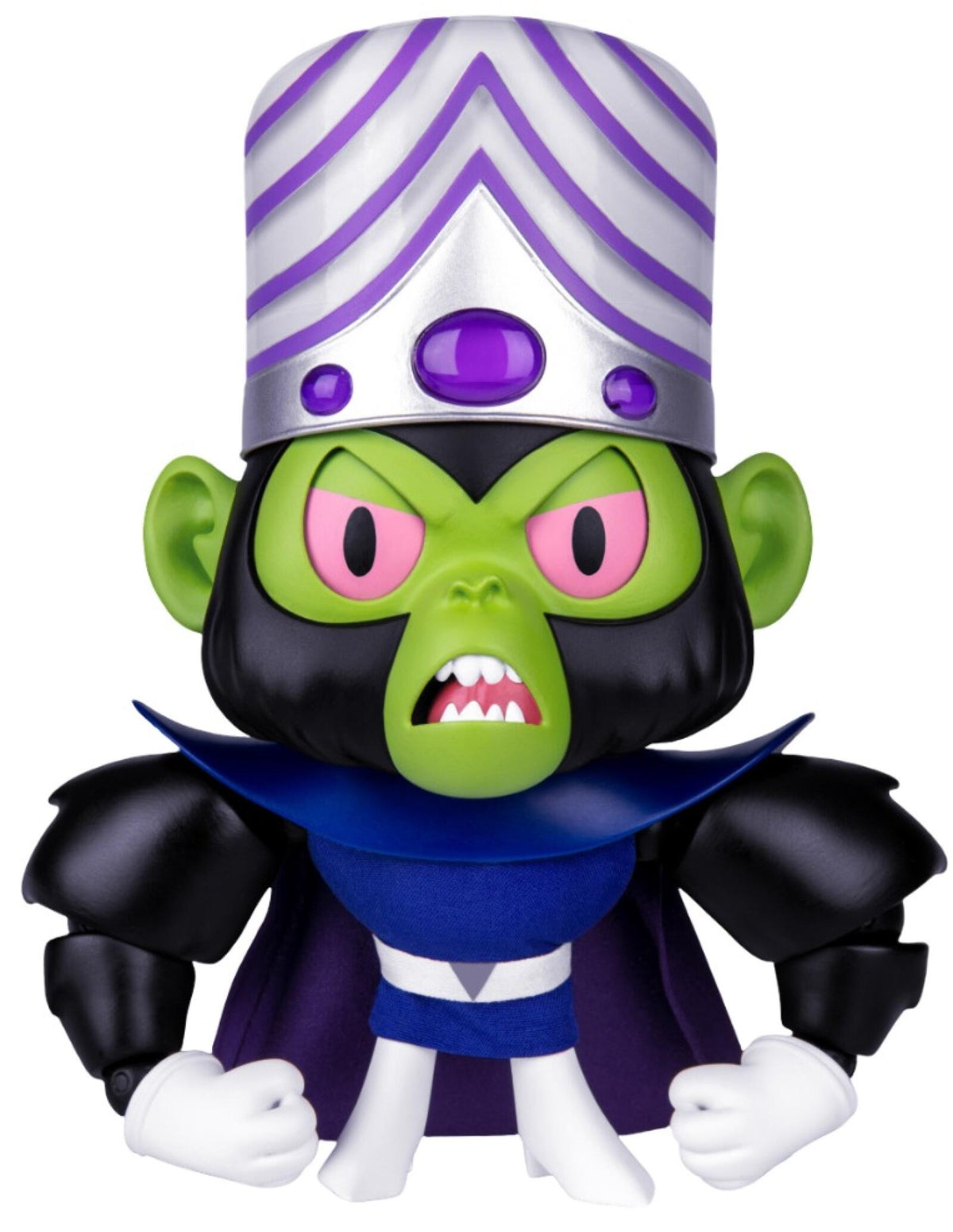 An angry Mojo Jojo figure with a green face, pink eyes, baring teeth, and a tall silver and purple striped hat