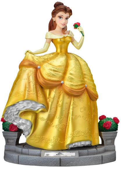 Belle figure in yellow ball gown holding a rose on ornate base