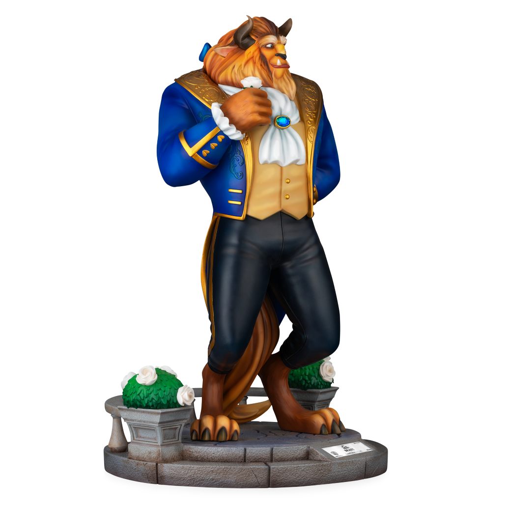 Beast Disney statue in classic blue and gold suit with ruffled shirt detail