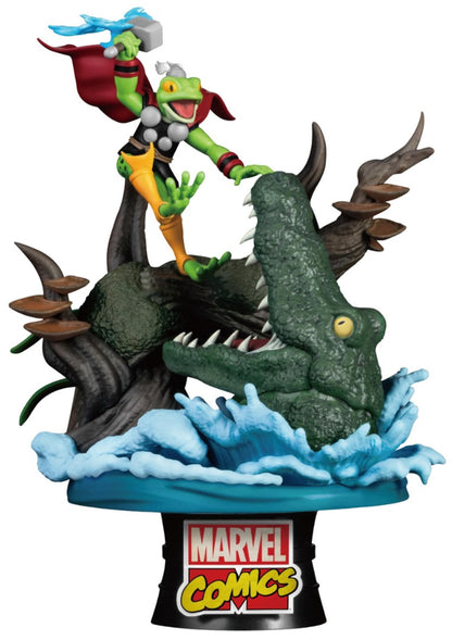 Marvel Comics D-Stage 107 Throg collectible figurine showing the superhero frog battling a crocodile on a tree branch stand with splashing water