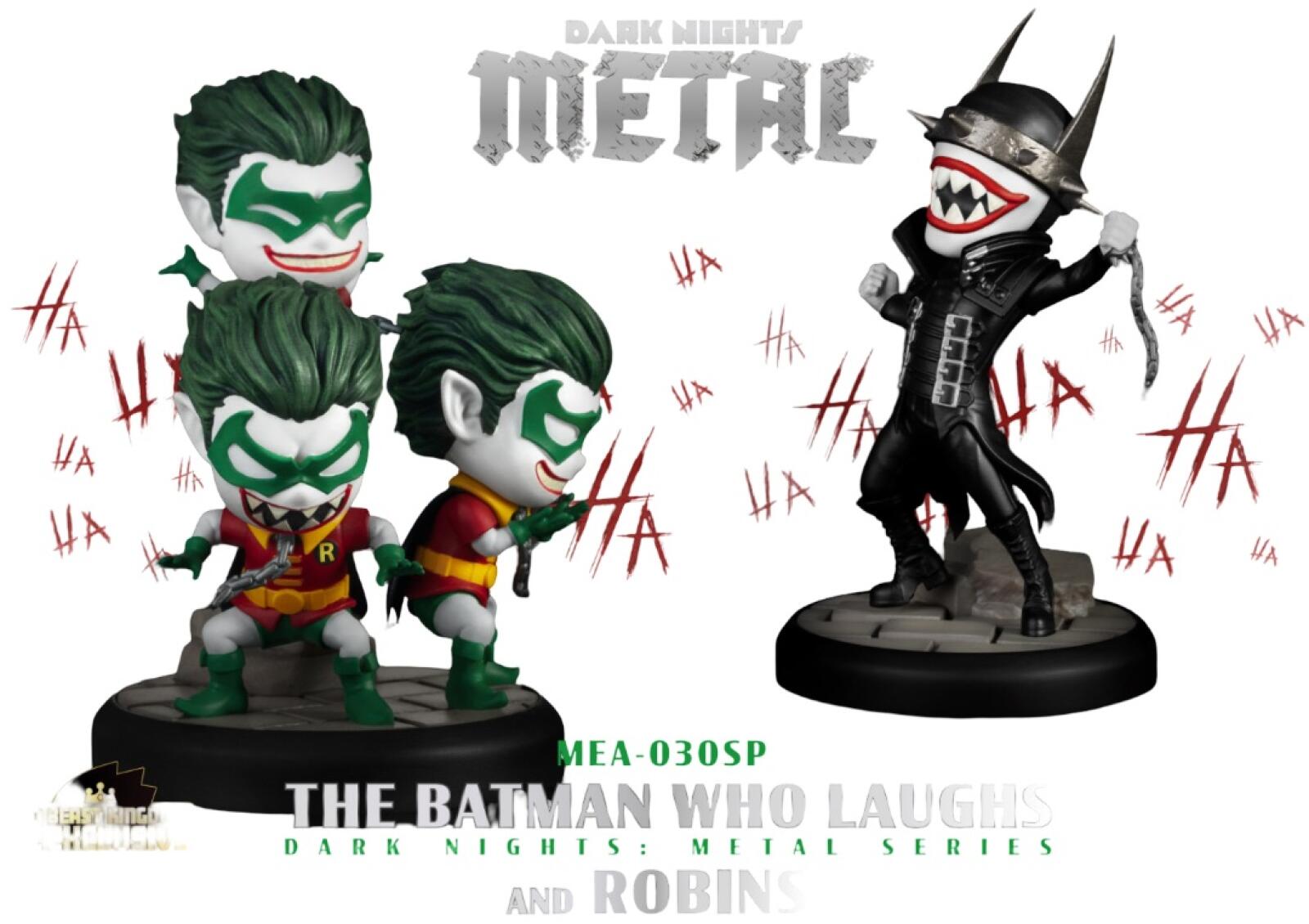 Dark Nights Metal The Batman Who Laughs and Robins mini figures with distressed HA text background