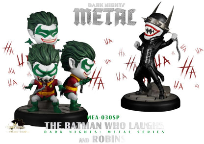 Dark Nights Metal The Batman Who Laughs and Robins mini figures with distressed HA text background