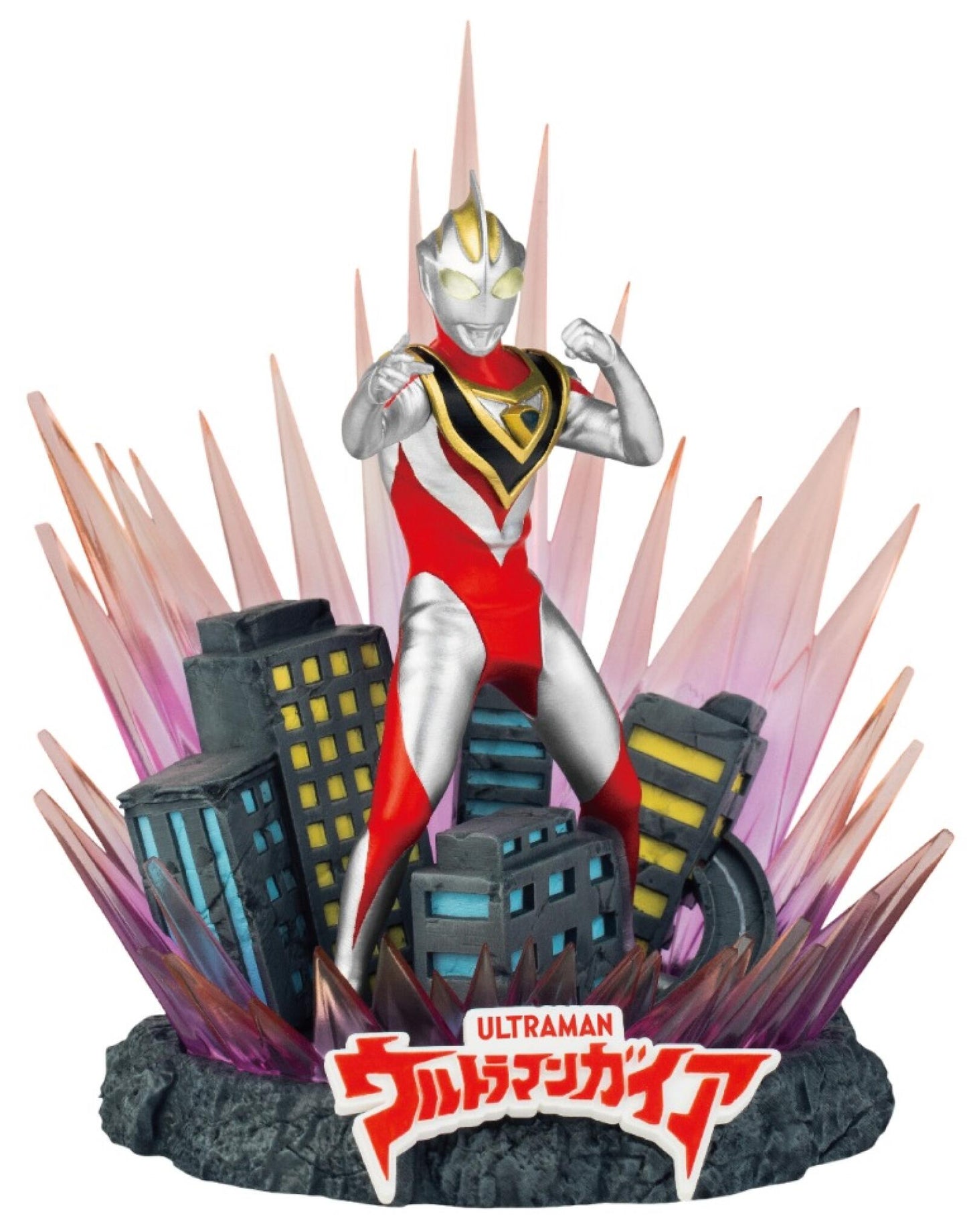Ultraman Gaia figure posed heroically with buildings and crystal formations on a detailed base against a starry blue background