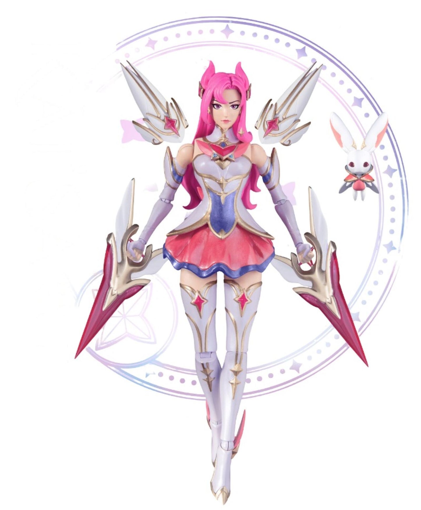 League of Legends Star Guardian Kaisa action figure in pink white and gold with wings and a rabbit accessory