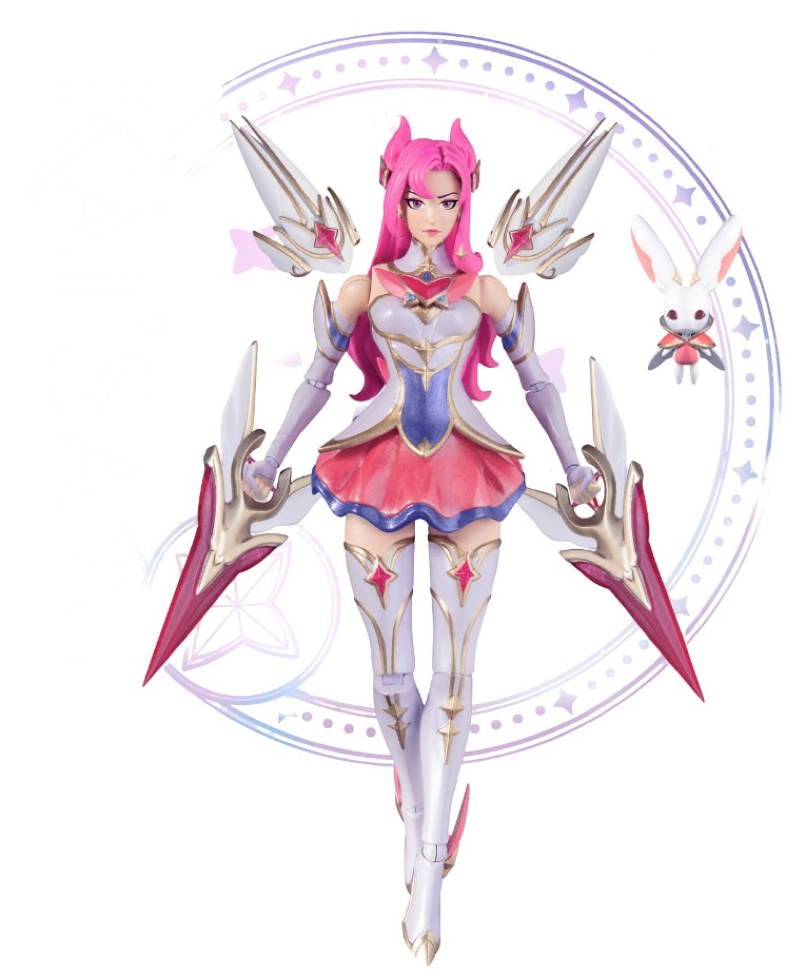 League of Legends Star Guardian Kaisa action figure in pink white and gold with wings and a rabbit accessory