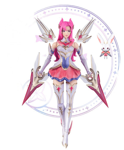 League of Legends Star Guardian Kaisa action figure in pink white and gold with wings and a rabbit accessory