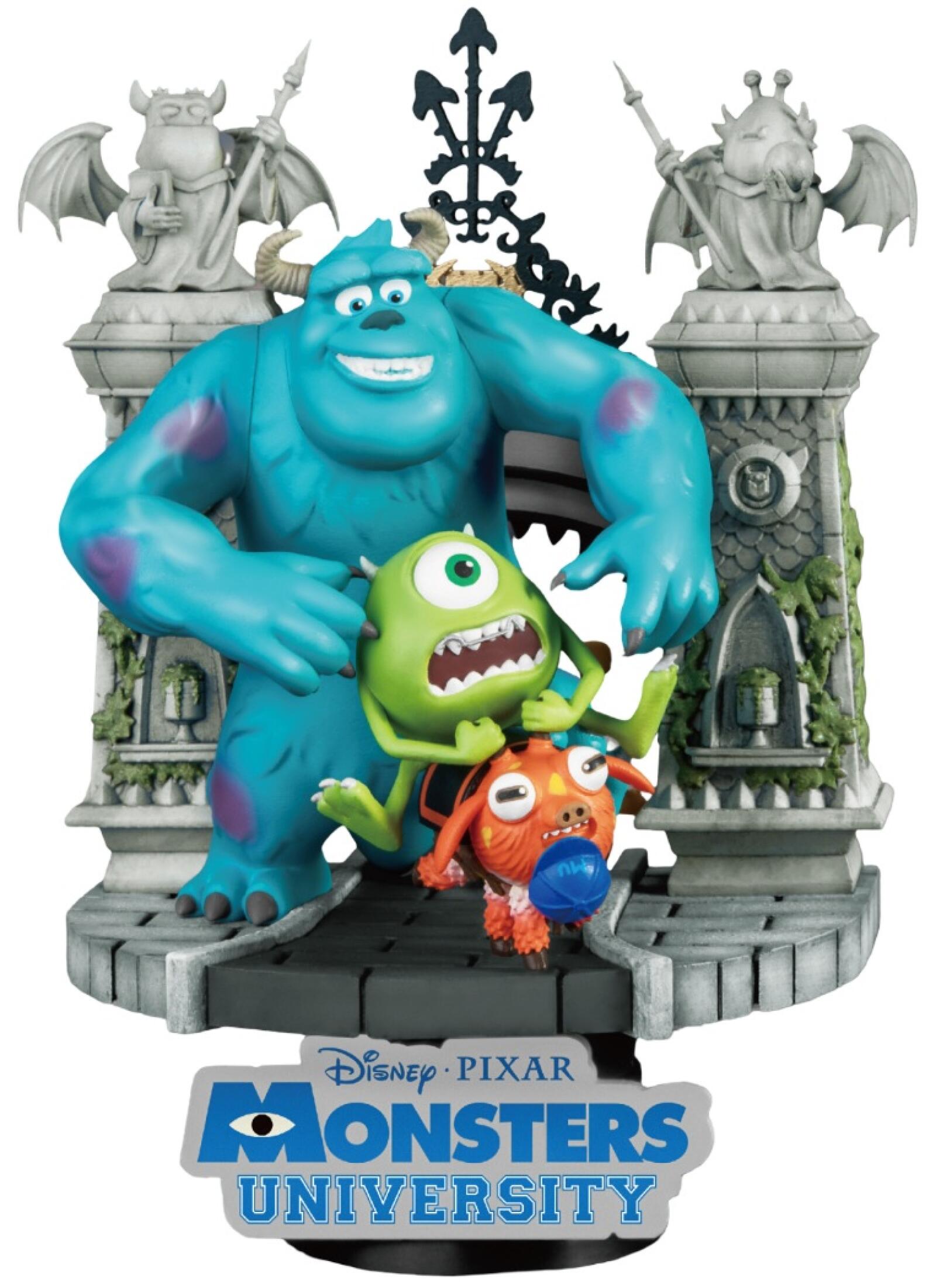 Mike and Sulley from Monsters University standing on a blue campus-themed base