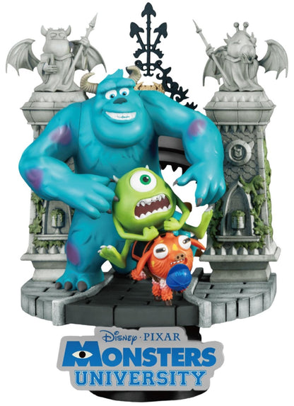 Mike and Sulley from Monsters University standing on a blue campus-themed base